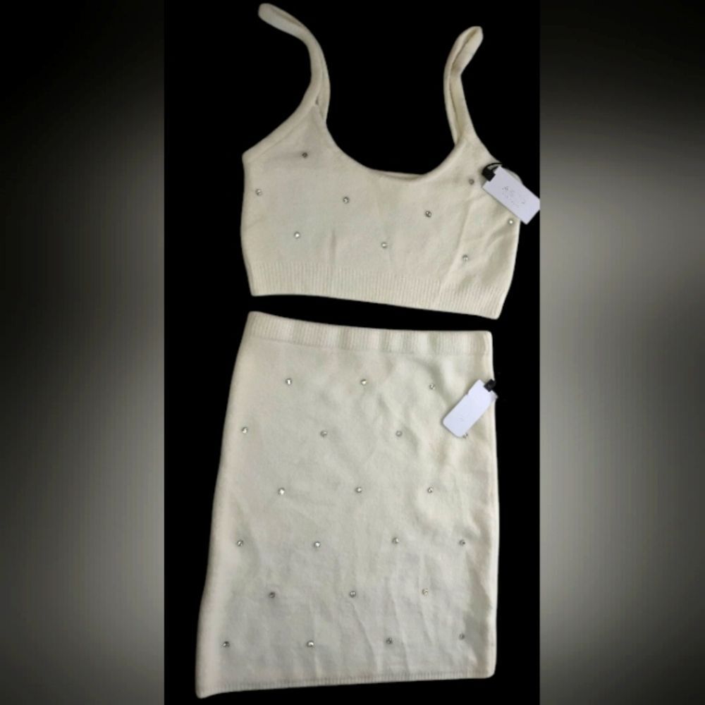 ASTR the Label Sweater Crop Top & Matching Skirt Set Sz L Ivory Embellished NWT